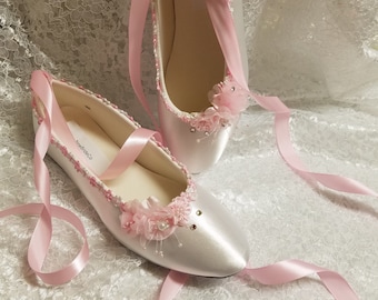 Wedding Pink Flats,white pink Satin flat Shoes flowers,Pink Bridal Flat shoes,Pink Wedding Shoe,Pink Flowers, Lace Up Ballet Style Slipper