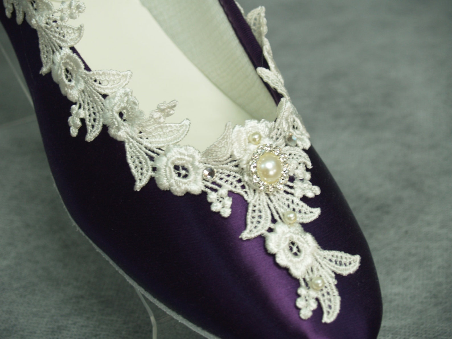bridal victorian flats eggplant ivory shoes fine us lace pearls and crystals embellished, satin ballet slipper, deep purple with