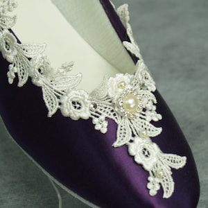 Bridal Victorian Flats Eggplant Ivory Shoes Fine US Lace pearls and crystals embellished, satin ballet slipper, deep purple with cream