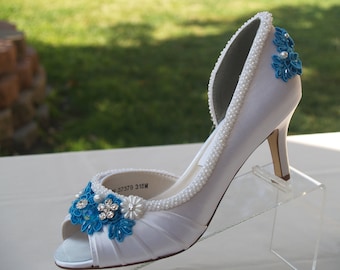 Wedding Shoes Turquoise Blue Lace Appliqué  - Wedding White Satin mid heel pumps, Peep Toe rouged Satin, Something Blue, Beach, Destination