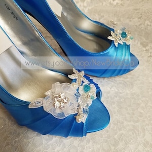 Brides Satin Blue Heels 3 1/2&quot; with comfy platform,Starfish Ocean blue wedding shoes,peep toe ocean blue heels 3.5&quot;,something blue accessory