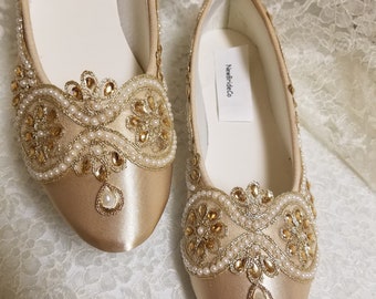 Champagne Flats Art Deco Shoes,Champagne Gold Flats hand dyed, flats gold shoes embellished with mirror lace beads and crystals,Renaissance,