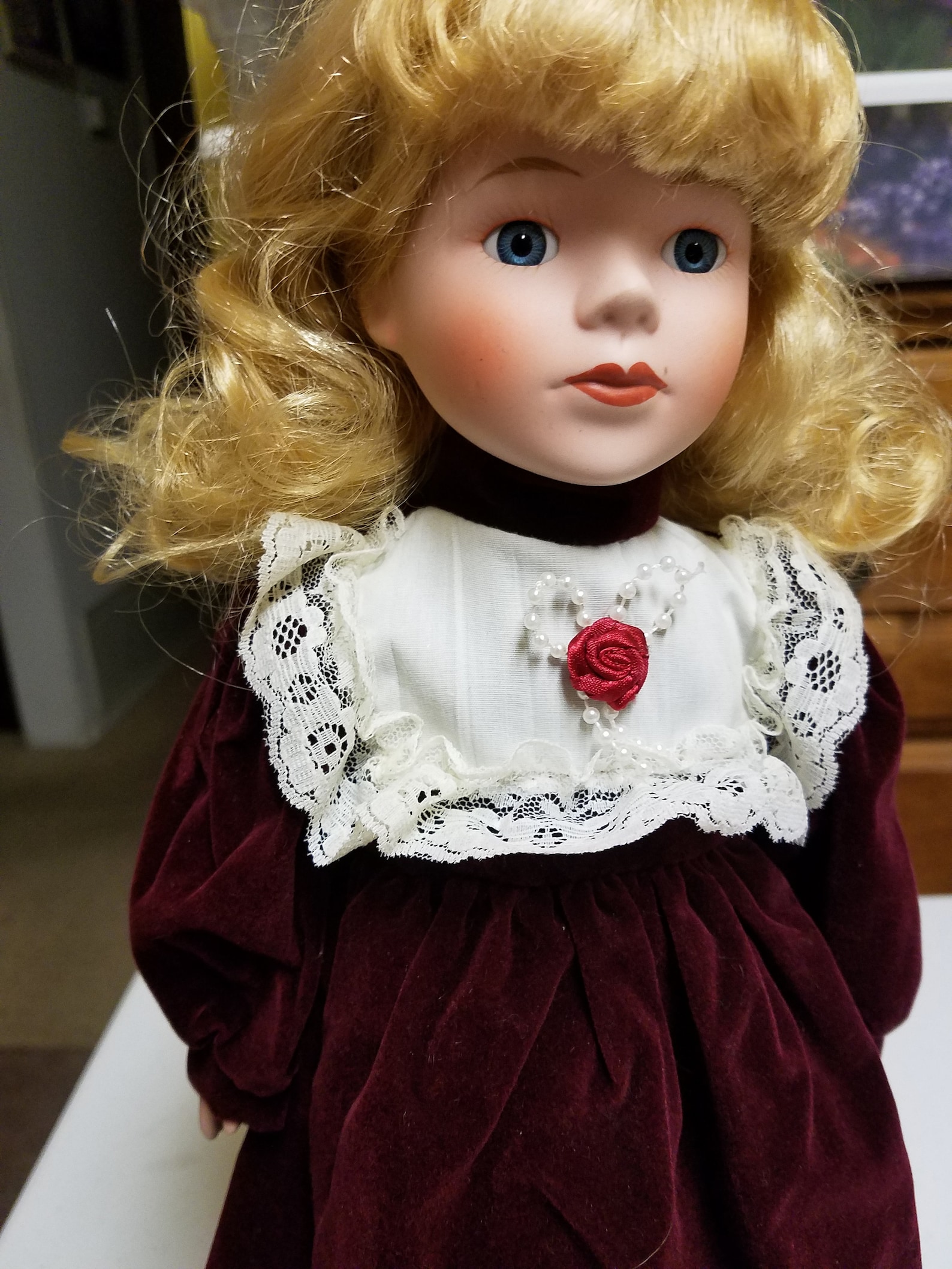 PORCELAIN Doll vintage 90's with burgundy velvet dress Etsy