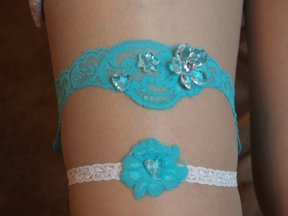 Blue and Off WhiteIvory Traditional Wedding Garter Set