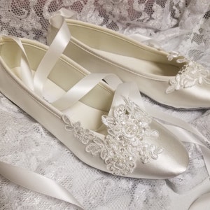 Bride Off White Wedding Flats,Off-white Satin Shoes,Lace Applique with Pearls,Lace Up Ribbon Ballet Style Slipper, Comfortable Wedding Shoes image 4