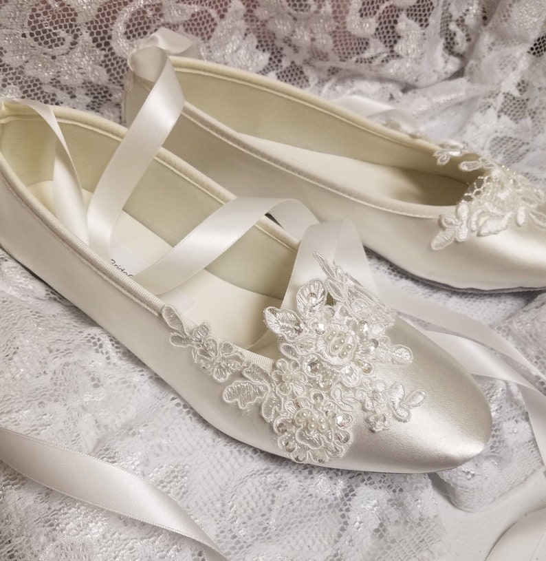 Bride Off White Wedding Flats,Off-white Satin Shoes,Lace Applique with Pearls,Lace Up Ribbon Ballet Style Slipper, Comfortable Wedding Shoes image 4