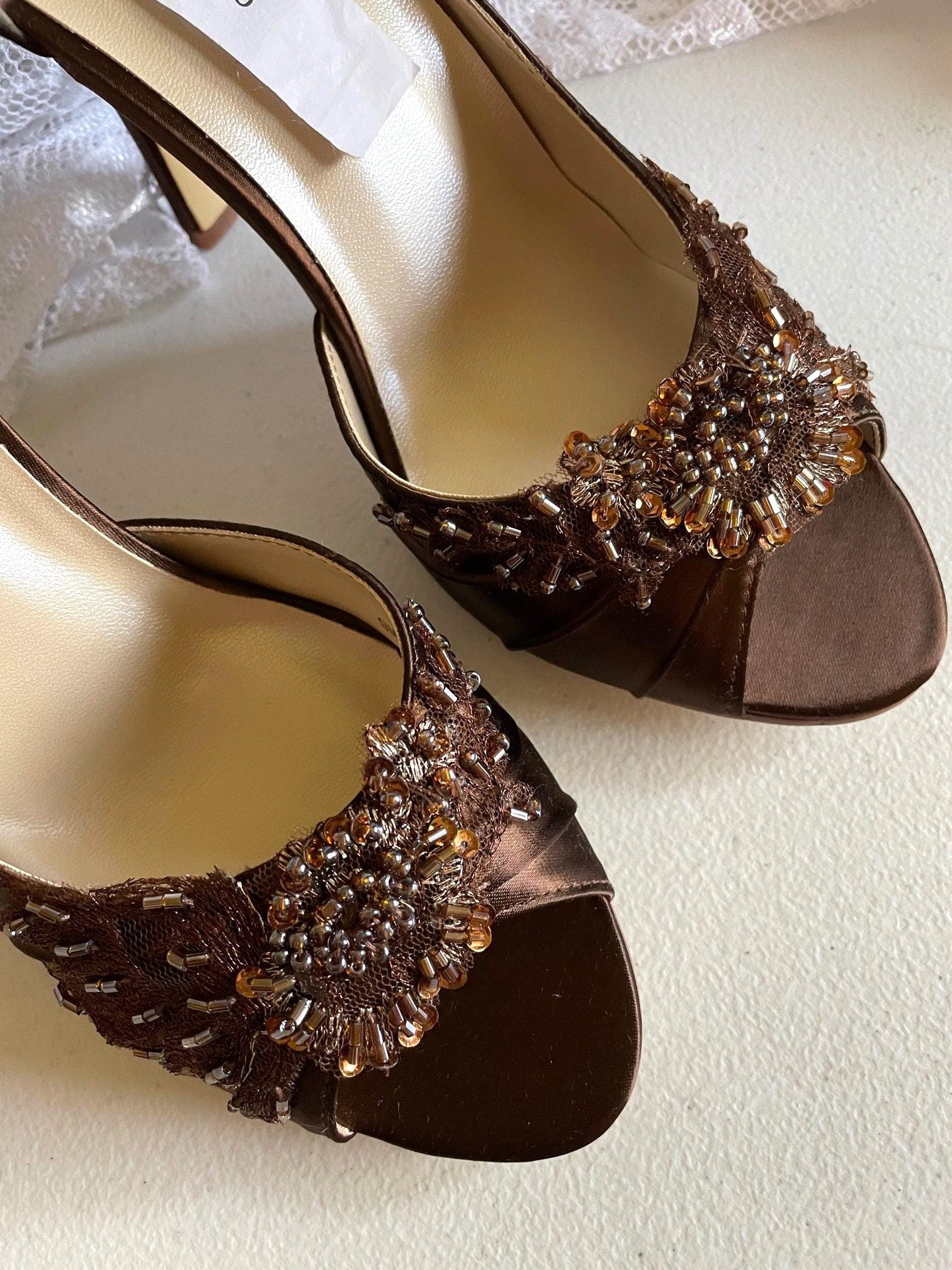 brown dress heels for women Beaded Peep Toe with appliques, Chocolate Satin Heels, Old Hollywood, Satin Pumps, Wedding Heels, Prom what color heels with brown dress