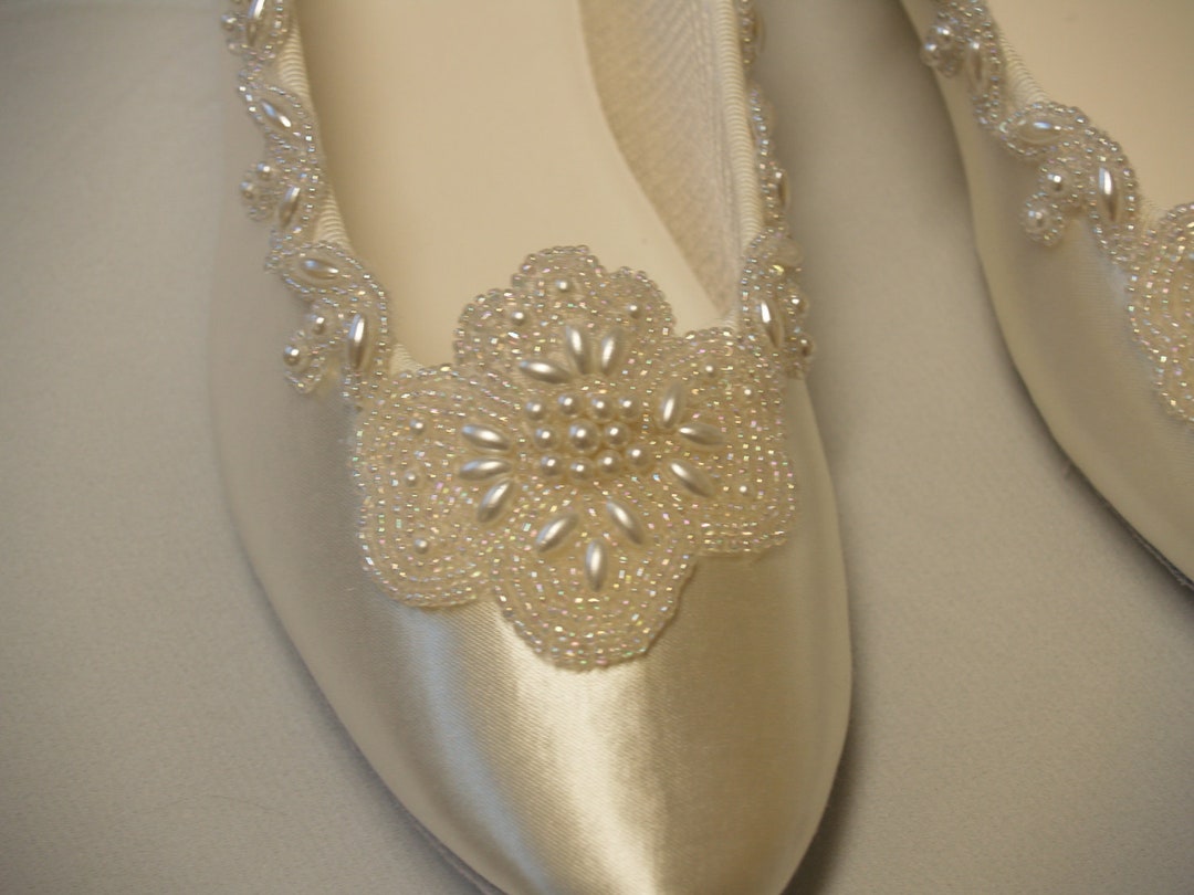Wedding Flats Ivory Satin Elegant Beaded Trims Pearl and - Etsy