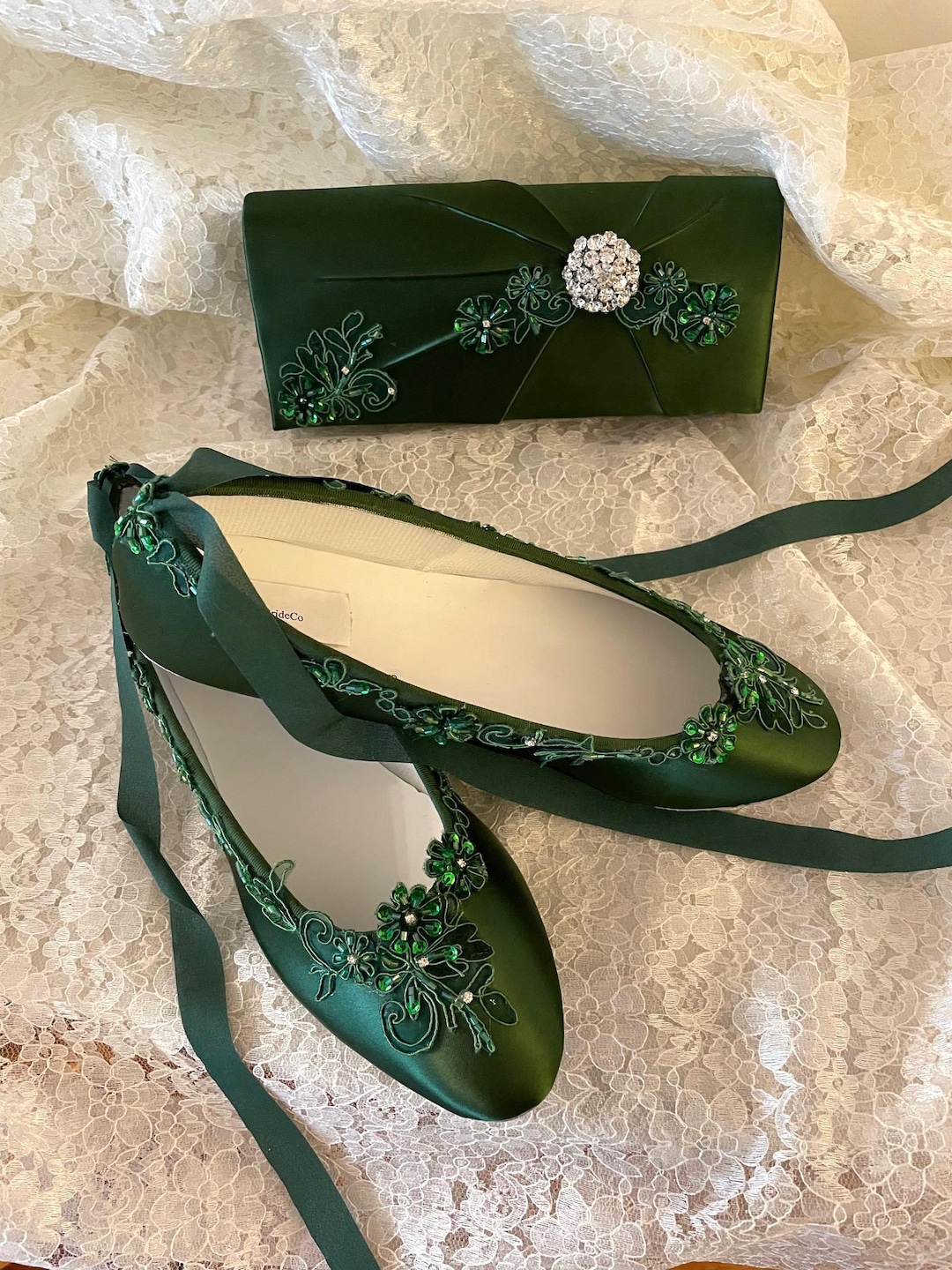 Zapatos de bailarina verde oscuro, estilo pantuflas de boda, zapatos de  encaje verde con cristales, pantuflas de boda victorianas o irlandesas de 