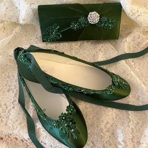 Dark Green Ballerina shoes Wedding Slipper style Shoes Green lace w Crystals, Victorian or Irish Wedding satin slipper with lace up ribbon