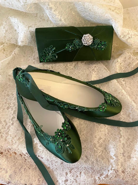 Dark Green Ballerina Shoes Wedding Slipper style Shoes Green lace w Crystals, Victorian or Irish Wedding satin Slipper with lace up ribbon