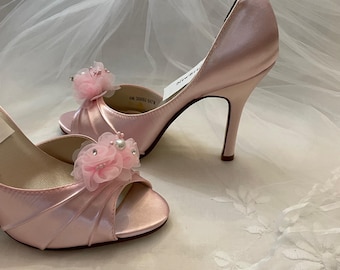 Pink Wedding Heels: Crystal Bow Peep Toe Pumps US Size 6 ready to ship 3.5" heel