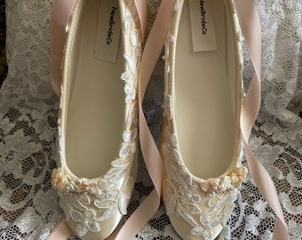 BLUSH pink Ballerina style Shoes Satin with beautiful Lace Appliqué Crystals Pearls, Brides Peach Lace Up Ribbon Ballet Style Slippers