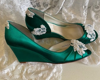 Hunter Green Wedge Shoes beaded Applique Shoes,Peep Toe Satin Heels,Green Wedding Shoes, Green Bridal Heels, Prom shoes, Mother of the Bride