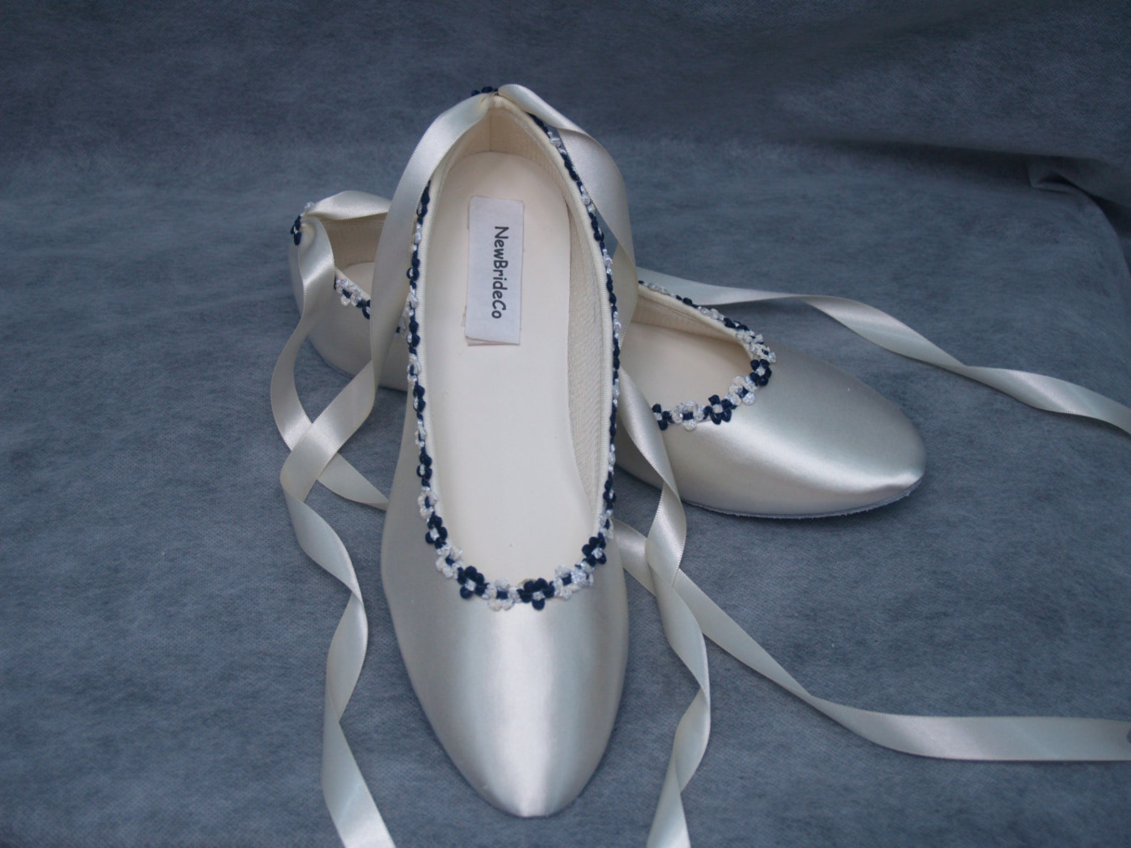 brides wedding flat shoes navy blue trims on ballet style flat slipper,white navy blue bridal flat shoes,bridesmaids,graduations