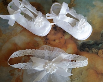 Baby Christening Shoes set with baby lace head band; Baptism shoes girl, baby girl white sarin shoes with hair lace band