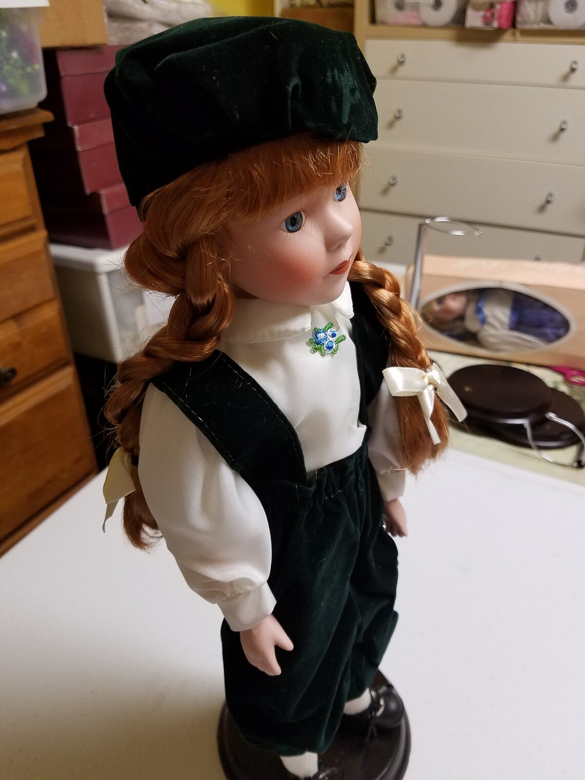 PORCELAIN Doll Vintage 90's Green Velvet Outfit With Hat Etsy
