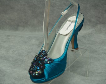 SIZE 7 Shoes Teal & Black medium heel, Peep Toe Slingbacks, Something Blue shoes Formal Evening Satin Pumps, Comfortable Heel, Pageant, Prom