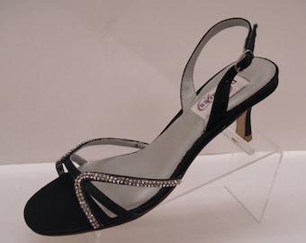 Size 7 1/2 Wedding Black heels with silver stones, Short Heel Slingback, Bling Think Strappy Sandal, Black Satin Shoes, Ready to Ship