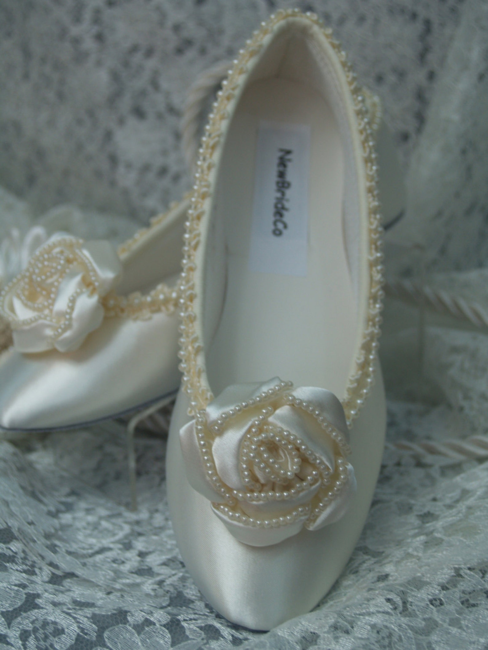 wedding ivory flats fancy pearls satin rossette, ballet style slipper, comfortable ivory shoes, fabric rose, pearl trimmed, sati