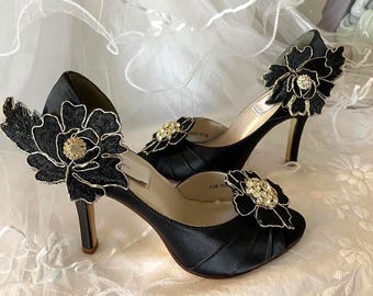 black and gold dress shoes for women & Flower Heels: Embellished Prom 26WK09