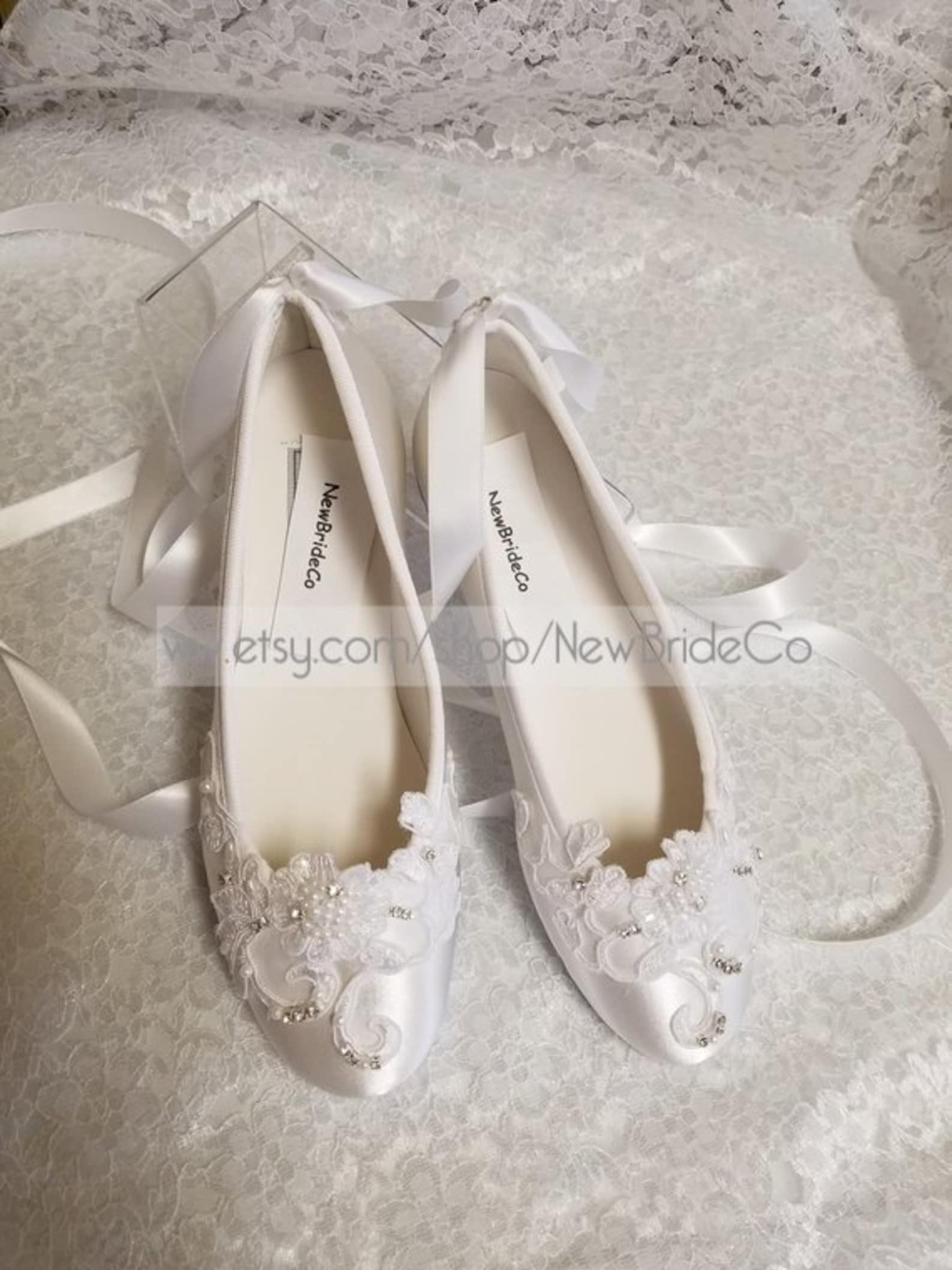 brides white wedding flats, satin ivory shoes, lace applique with pearls, lace up ribbon ballet style slipper, comfortable weddi