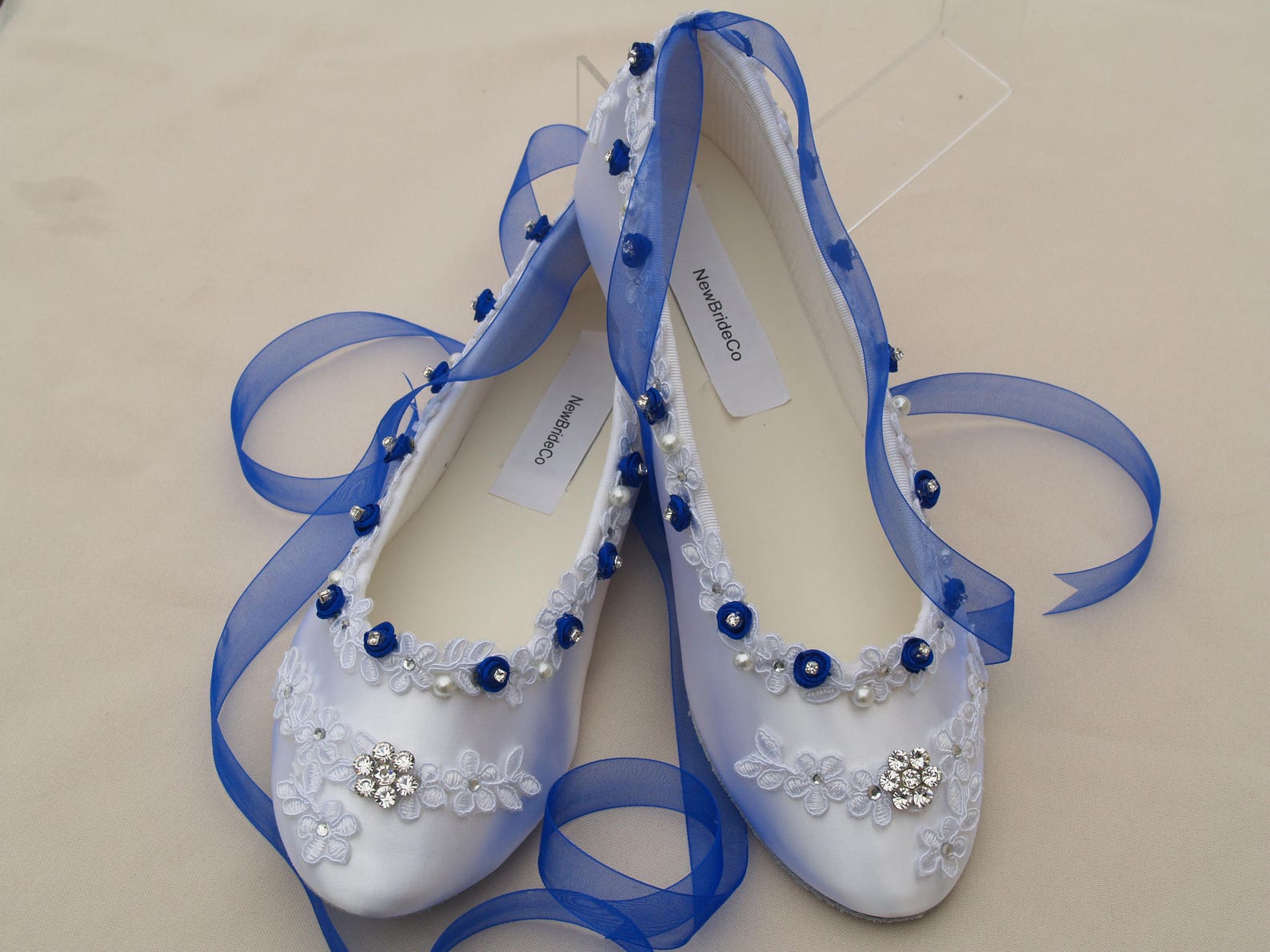 wedding royal blue flats white shoes venice lace edging with flowers crystals, romantic ballet style slipper, lace with pearls a