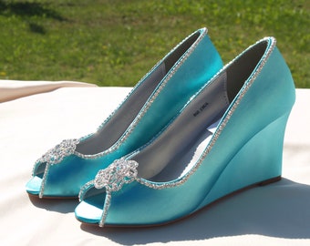 Wedge Shoes Aqua Blue or 15 colors available, Peep Toe Satin wedge shoes, Wedding Wedge Shoes, Prom wedge shoes, Mother of the Bride shoes