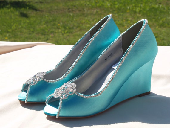 Wedge Shoes Aqua Blue or 15 Colors Available, Peep Toe Satin Wedge Shoes,  Wedding Wedge Shoes, Prom Wedge Shoes, Mother of the Bride Shoes 