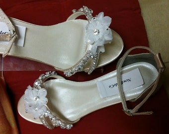 Size 5 1/2 Champagne Bling Wedding Wedges 1" heel crystals Ready to Ship, Short Heel,Prom Shoes,Open toes low heel, Deco  Satin Sandals