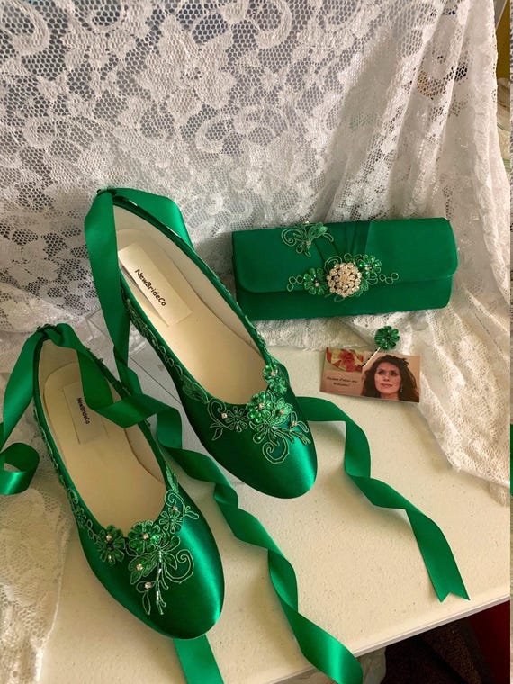Emerald Green Wedding Ballerina Flats: Lace & Crystal Satin Shoes Emerald Green Wedding Ballerina Flats: Lace & Crystal Satin Shoes