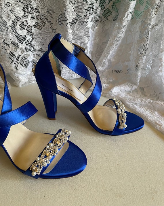 Dolce and Gabbana Blue Gold Crystal Embellished Heel Ankle Strap Sandals  Size 38 For Sale at 1stDibs | dolce and gabbana blue heels, dolce and  gabbana block heels, blue gold heels