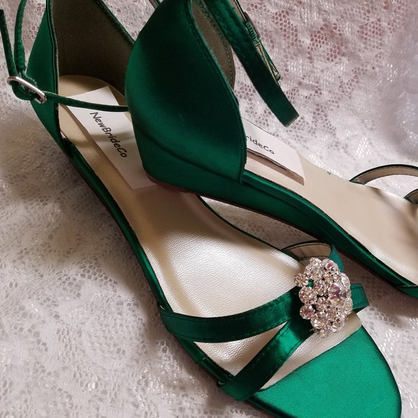 Green Shoes low Wedge 1" inch heel crystals, Wedding Short Heel,Prom Shoes,White Ivory Satin Sandal, Open toes low heel, Old Hollywood,Deco