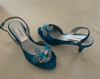 Buy Teal Slingback Heels: Handmade Beaded Low Heel Shoes (2 1/4