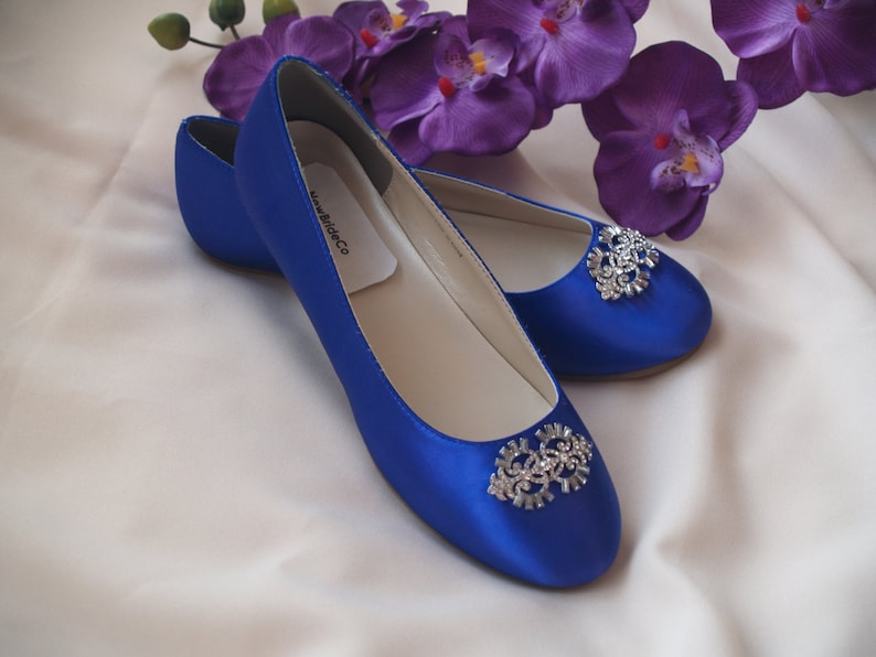 Vintage Wedding Shoes, Flats, Boots, Heels Wedding Flat Royal Blue Shoes with Brooch Royal Blue plus 200 colorsSomething Blue ballet style slippersembellished satinCarrienon slip $108.00 AT vintagedancer.com