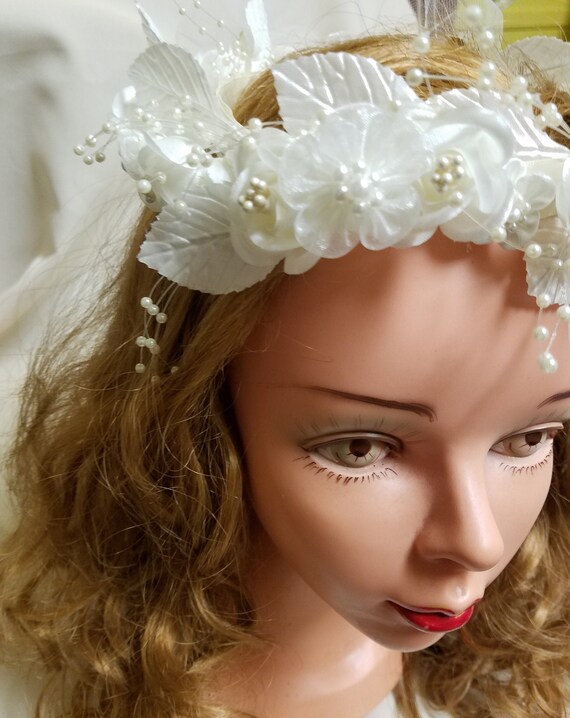 Elegant White Satin Headwrap with Floral Accent Handmade White Headband With Silk Flowers and Pearls  main image 2