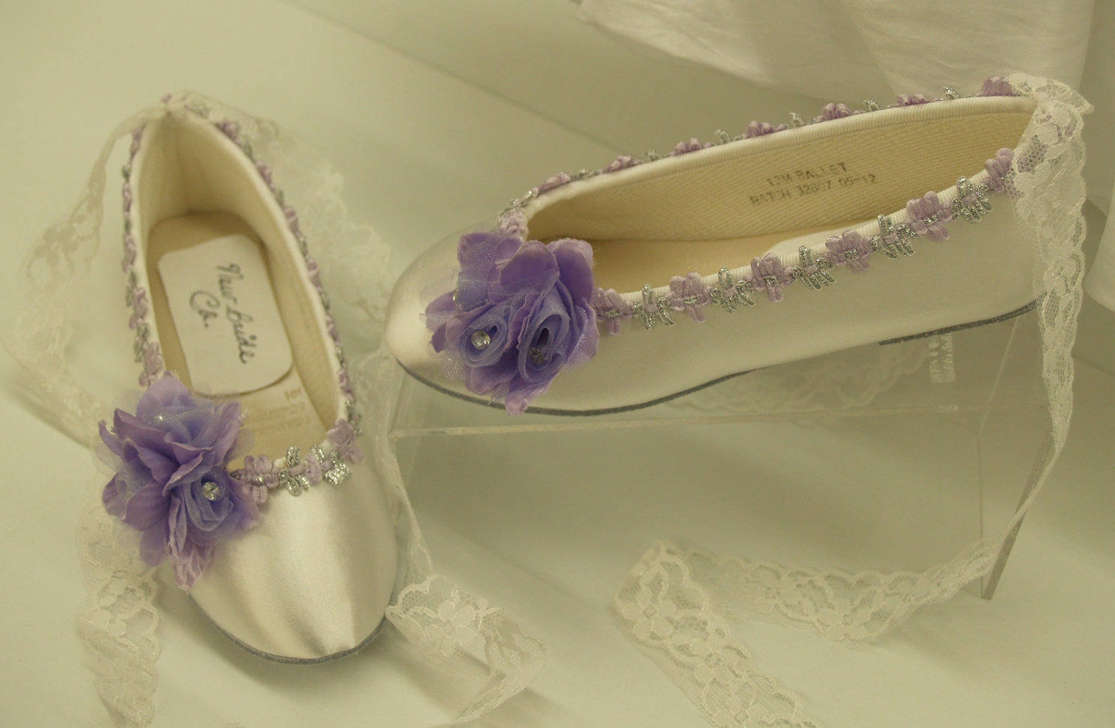 size 12 flower girls ballet style slippers white w purple flower w silver accents ready to ship,lace up ribbon ballet slipper,be