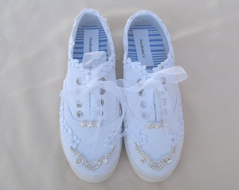 Wedding Bling Sneakers,White Canvas flat Bridal Shoe, Embellished Boho Wedding Shoes, Tennis Shoes, Bridal Sneakers Sizes 6 7 8 9 10