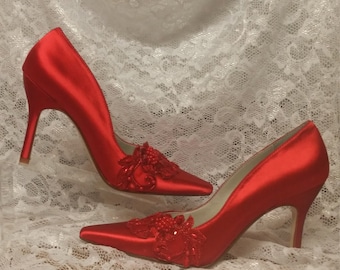 Red Satin & Lace Wedding Shoes Sexy Heels, 3 1/2" Closed Toe Heels, Pointy Toe Pumps, crimson satin, Red Wedding, Holiday Shoes, True Red