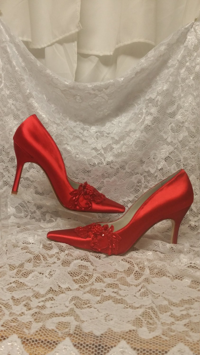 Red Satin & Lace Wedding Shoes Sexy Heels 3 1/2 Closed Etsy