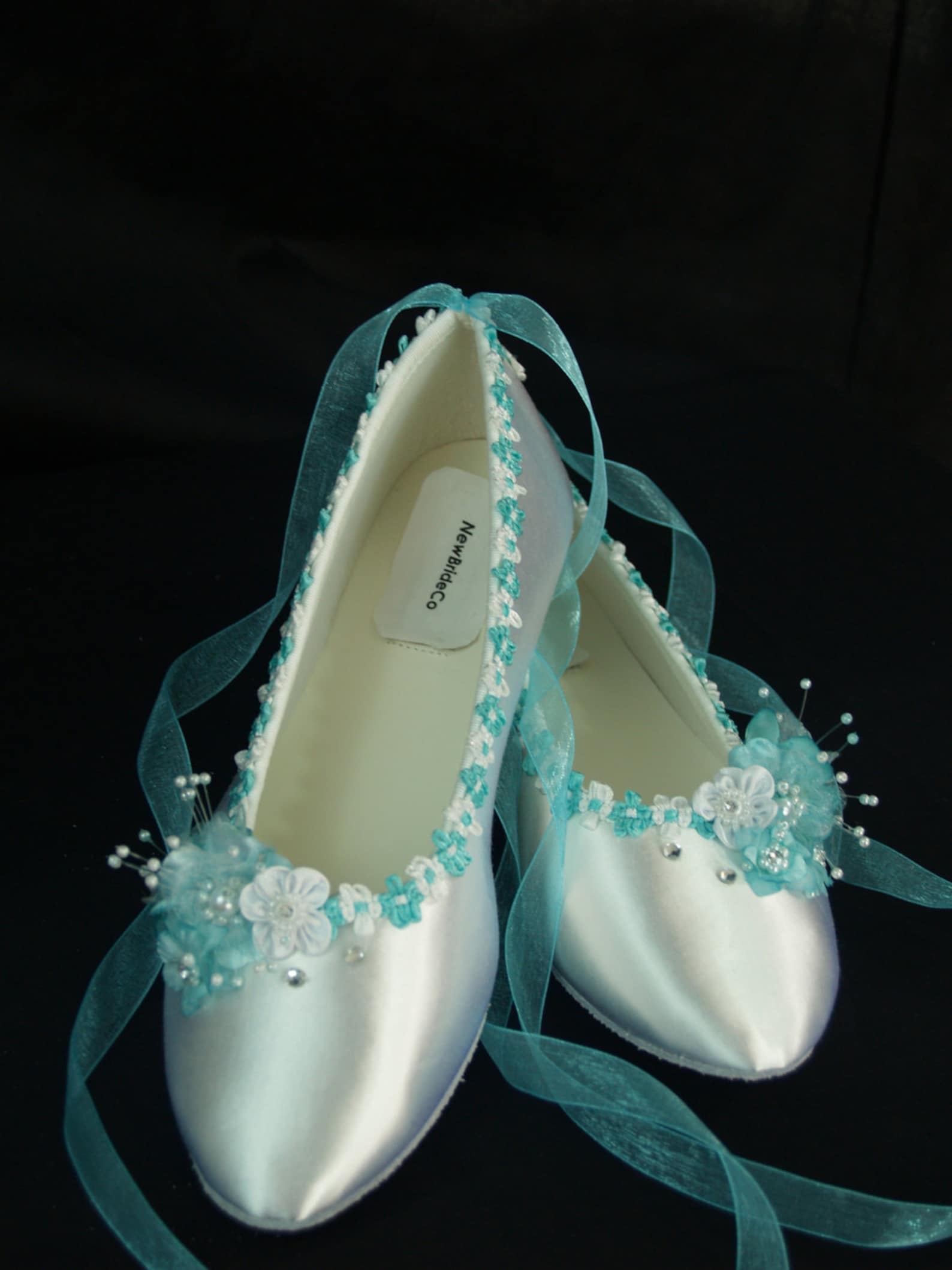 flat shoes aqua blue trims on ballet style slipper - aqua blue flat shoes, white satin flats, ribbon lace up flats, something bl