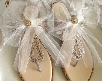 Gold Beach Wedding Sandals: Dazzling Crystal & Pearl Bridal Shoes