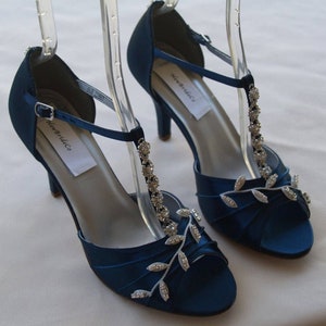 Blue Wedding Shoes Royal Blue with Silver Swarovski Crystals, peep toe, covered heel ankle strap, hand dyed satin, bling , satin heels Navy Blue