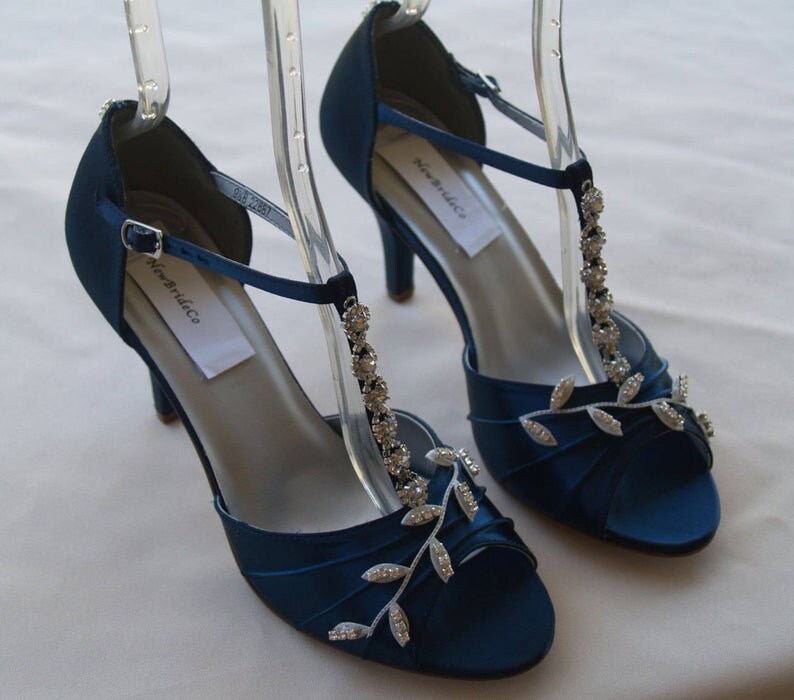 Blue Wedding Shoes Royal Blue with Silver Swarovski Crystals, peep toe, covered heel ankle strap, hand dyed satin, bling , satin heels Navy Blue