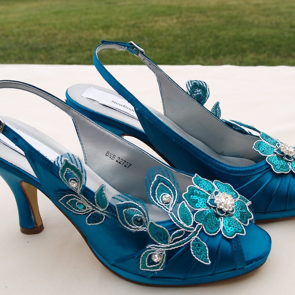 Teal Wedding Shoes PEACOCK Satin Heels, hand embellished teal shoes organza flowers & beads Slingback, Open Peep Toe, Accessory