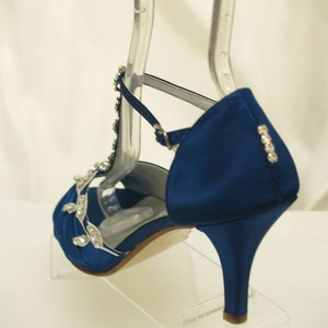 Blue Wedding Shoes Royal Blue with Silver Swarovski Crystals, peep toe, covered heel ankle strap, hand dyed satin, bling , satin heels image 4