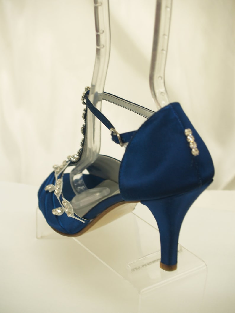 Blue Wedding Shoes Royal Blue with Silver Swarovski Crystals, peep toe, covered heel ankle strap, hand dyed satin, bling , satin heels image 4