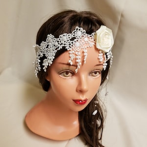 1920s Bridal Head Piece Ivory Lace- Retro 1920s Hair Bridal,Great Gatsby style head band,ivory lace headpiece,Silent Movie Star headpiece,