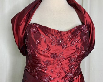 Red Wine Strapless Taffeta Gown with Shrug Size 18, Beaded Fit and Flare Plus Size Formal Gown by vintage Caterina Collection, Prom,Pageant