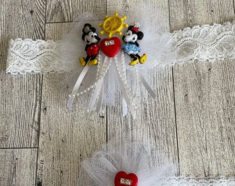 Wedding Garter Steamboat theme set, Disney theme Garter Set Bridal, White black Mr & Mrs Garters, Modern Fantasy garter, Mickey garter set